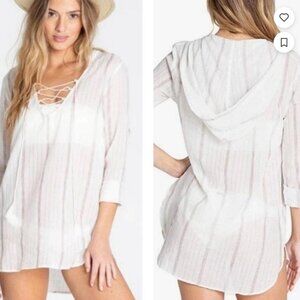 BILLABONG Beach hooded swim cover up Tunic White Striped small Kaftan Womens